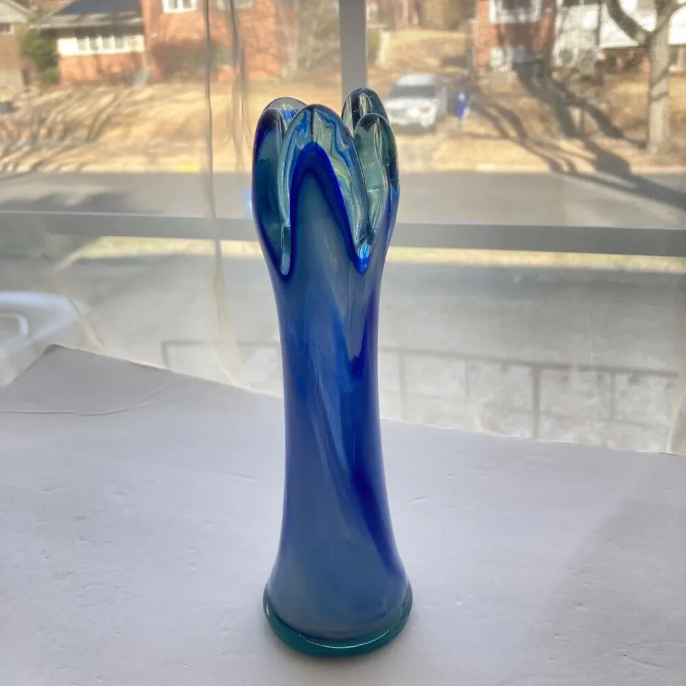 Vintage 5 Finger Blue White Swirl Swung Vase Art Glass Bud Vase Glass 8 inches